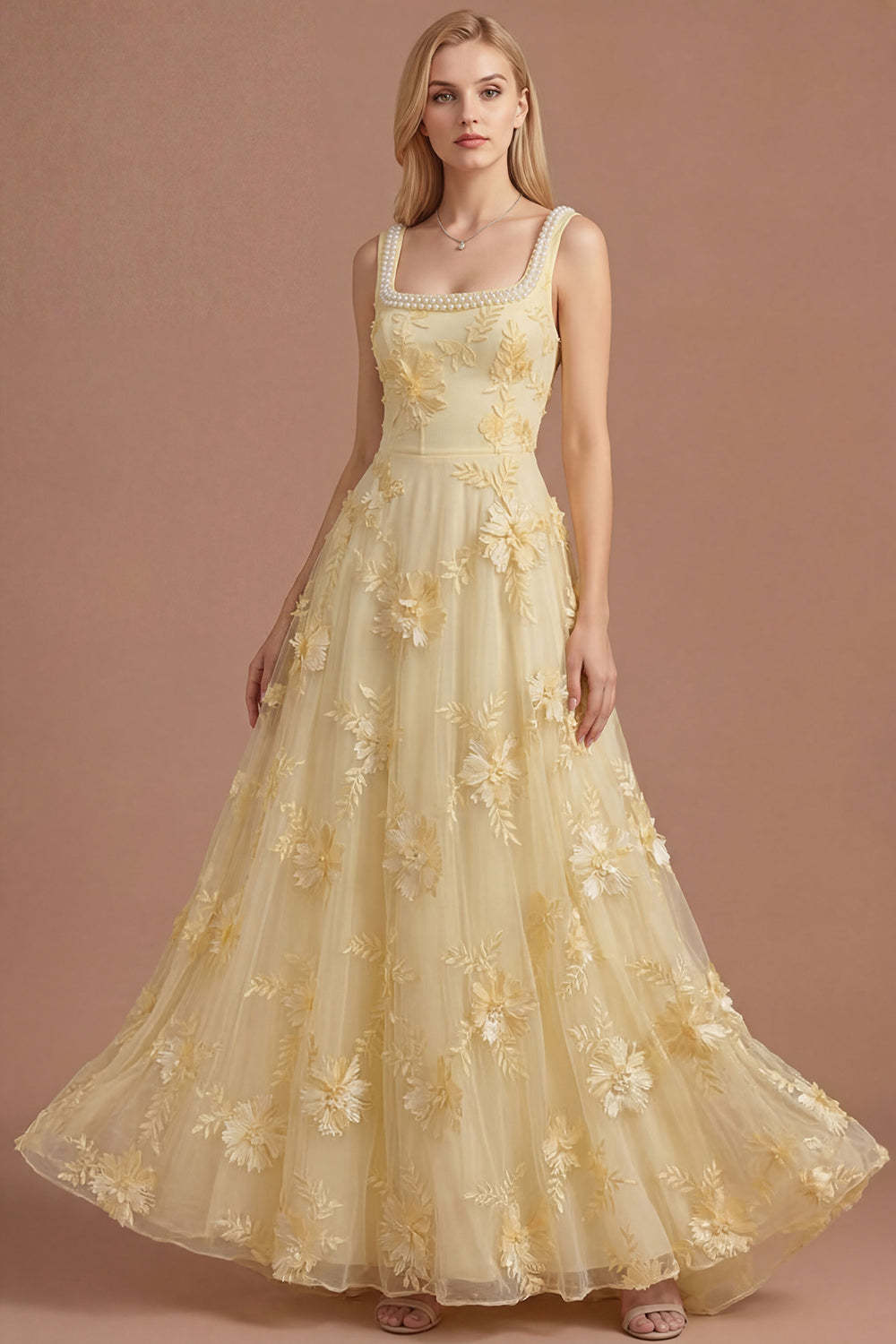 Leely Women Sparkly Beaded Yellow A Line Floral Appliqued Long Prom Dress Square Neck Backless Sleeveless Wedding Guest Dress