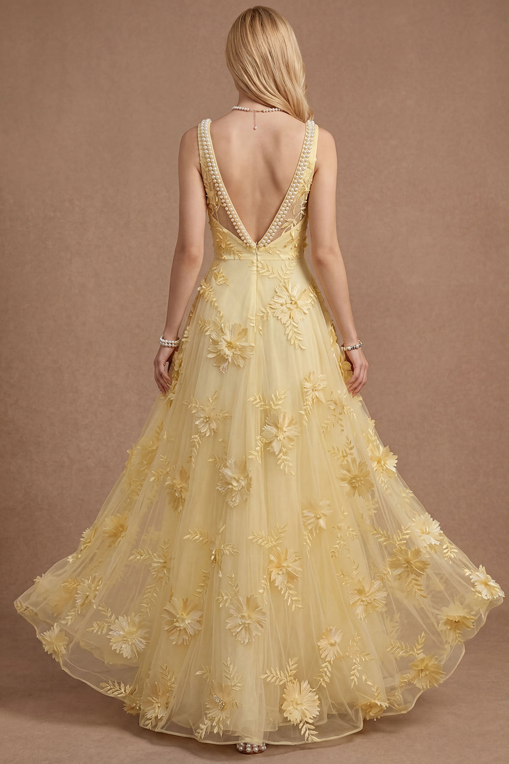 Sparkly Beaded Yellow A Line Square Neck Floral Appliqued Long Prom Dress