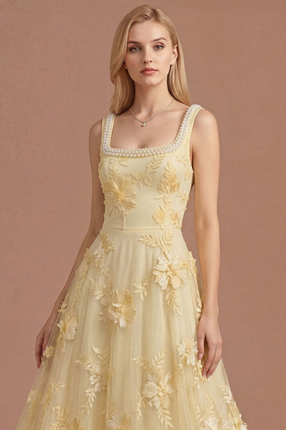 Sparkly Beaded Yellow A Line Square Neck Floral Appliqued Long Prom Dress