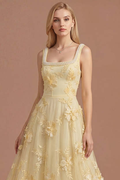 Sparkly Beaded Yellow A Line Square Neck Floral Appliqued Long Prom Dress
