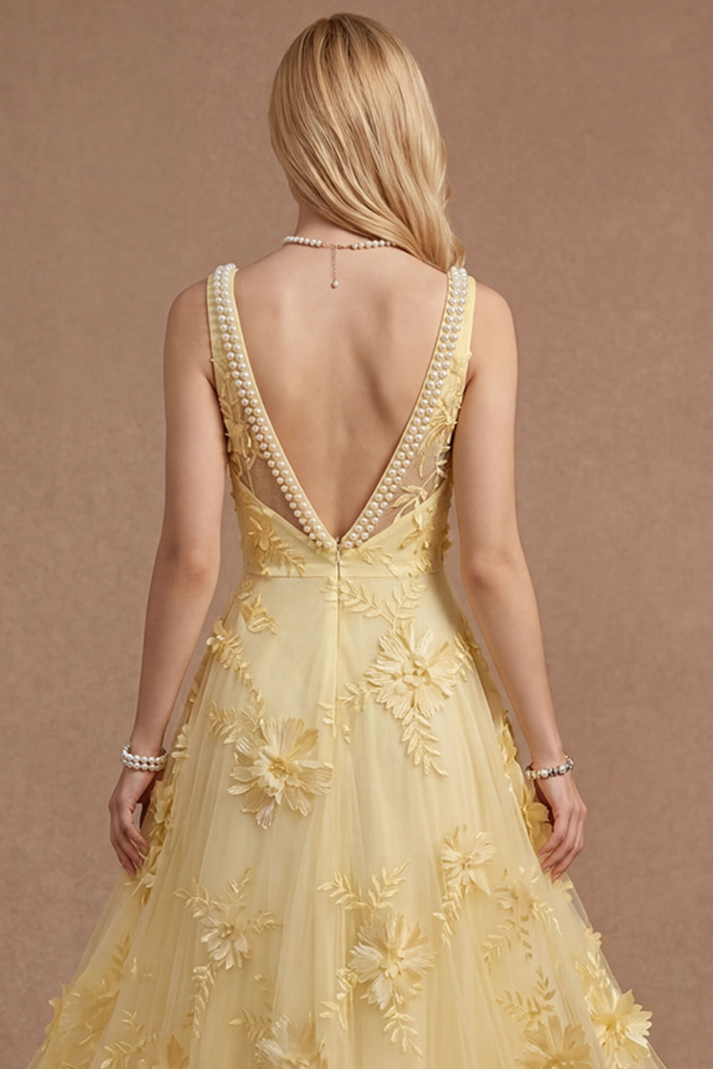 Sparkly Beaded Yellow A Line Square Neck Floral Appliqued Long Prom Dress