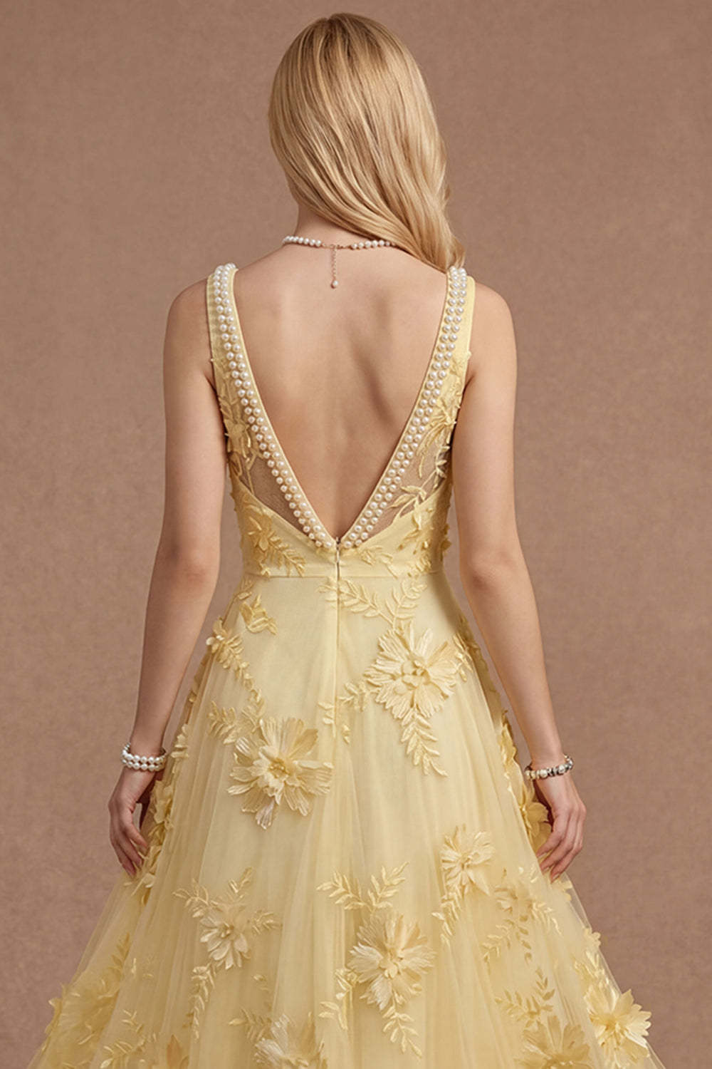 Sparkly Beaded Yellow A Line Square Neck Floral Appliqued Long Prom Dress