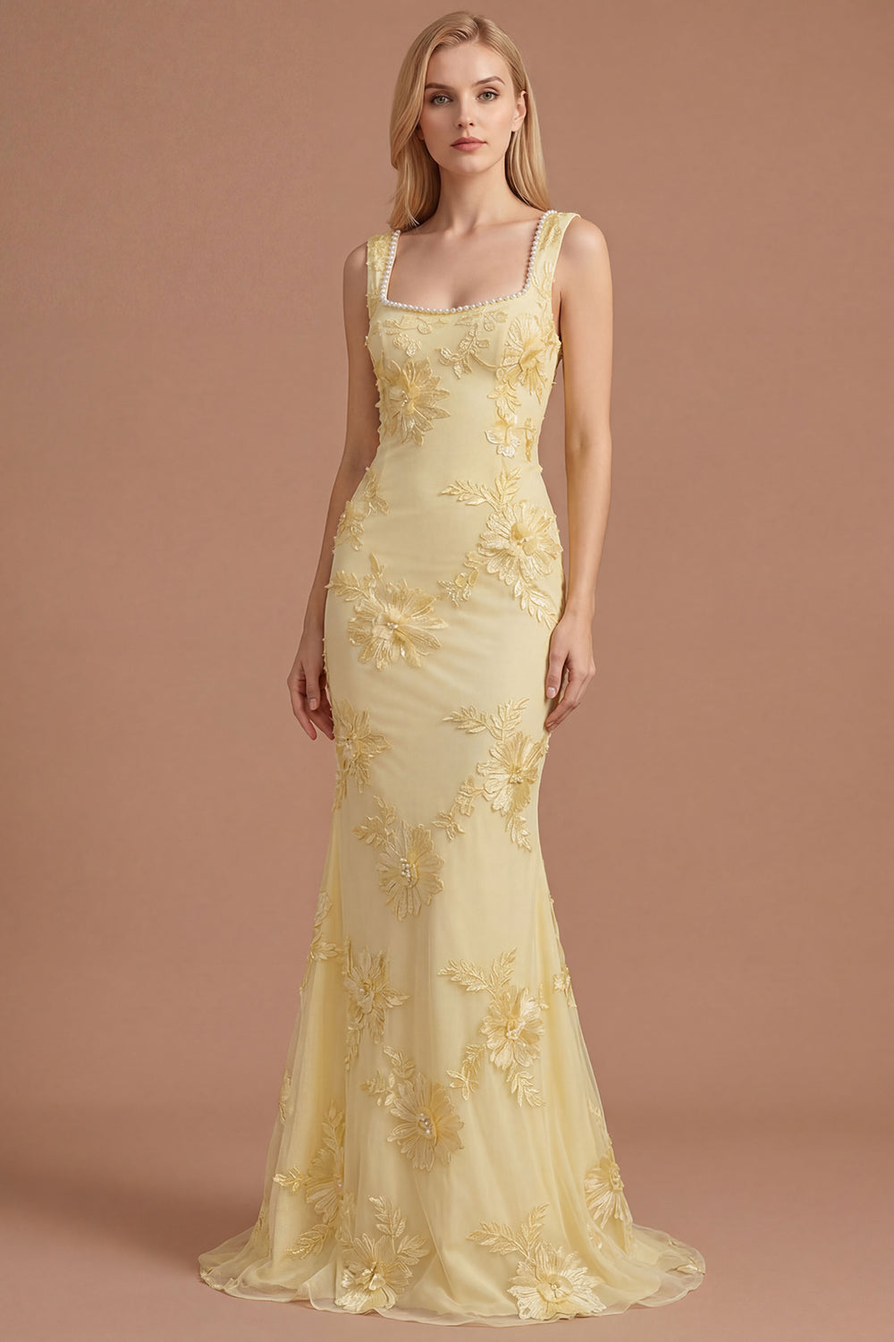 Yellow Beaded Floral Mermaid Appliqued Long Prom Dress