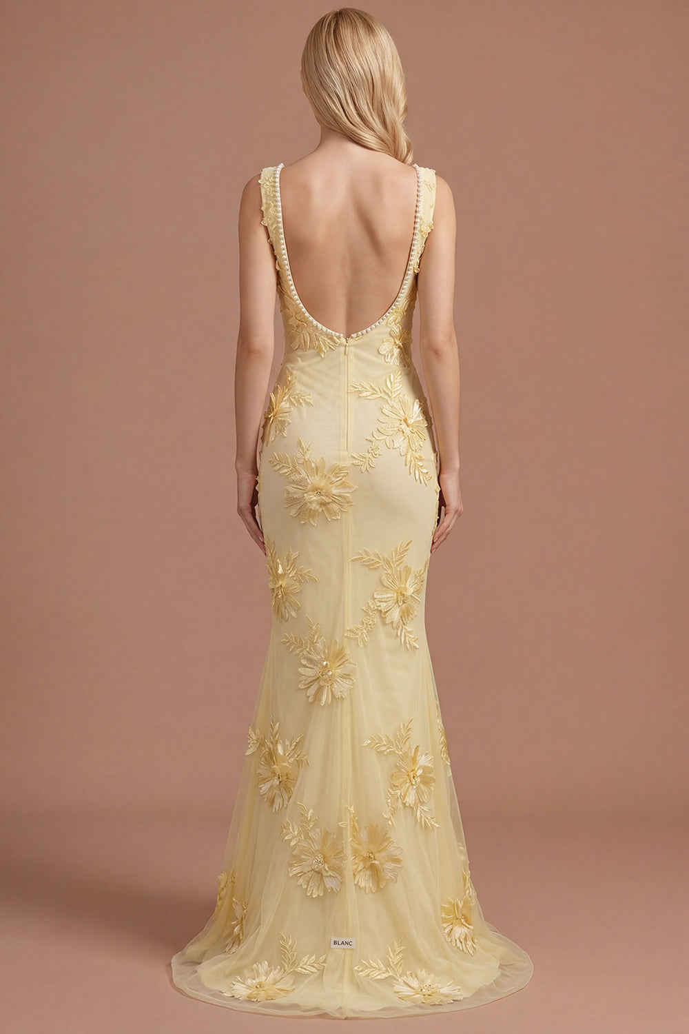 Yellow Beaded Floral Mermaid Appliqued Long Prom Dress
