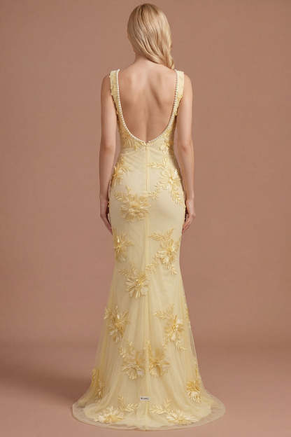 Yellow Beaded Floral Mermaid Appliqued Long Prom Dress