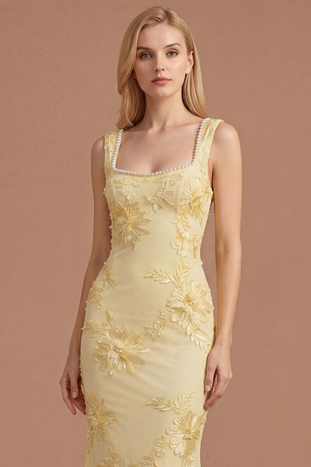 Yellow Beaded Floral Mermaid Appliqued Long Prom Dress