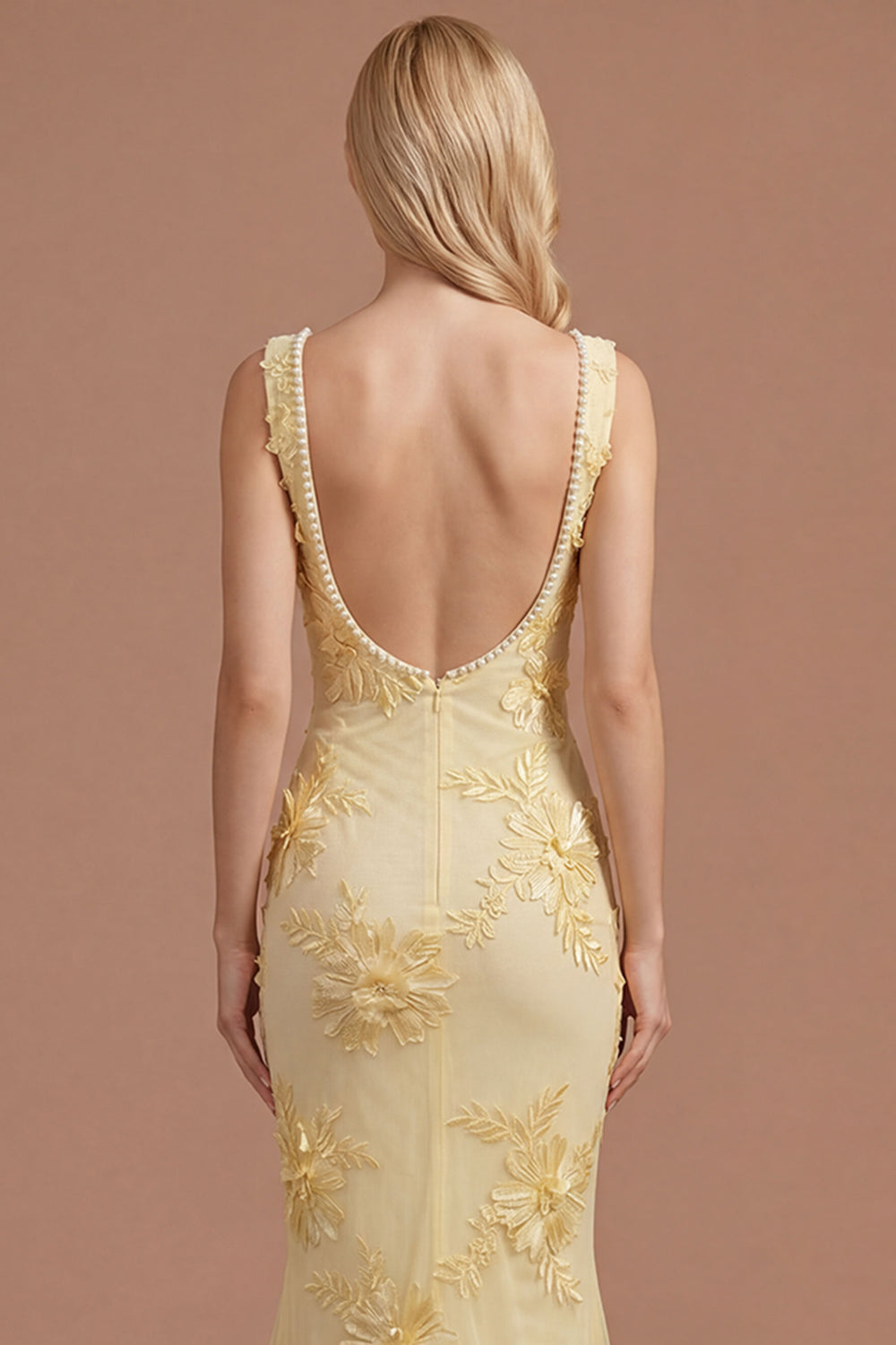 Yellow Beaded Floral Mermaid Appliqued Long Prom Dress