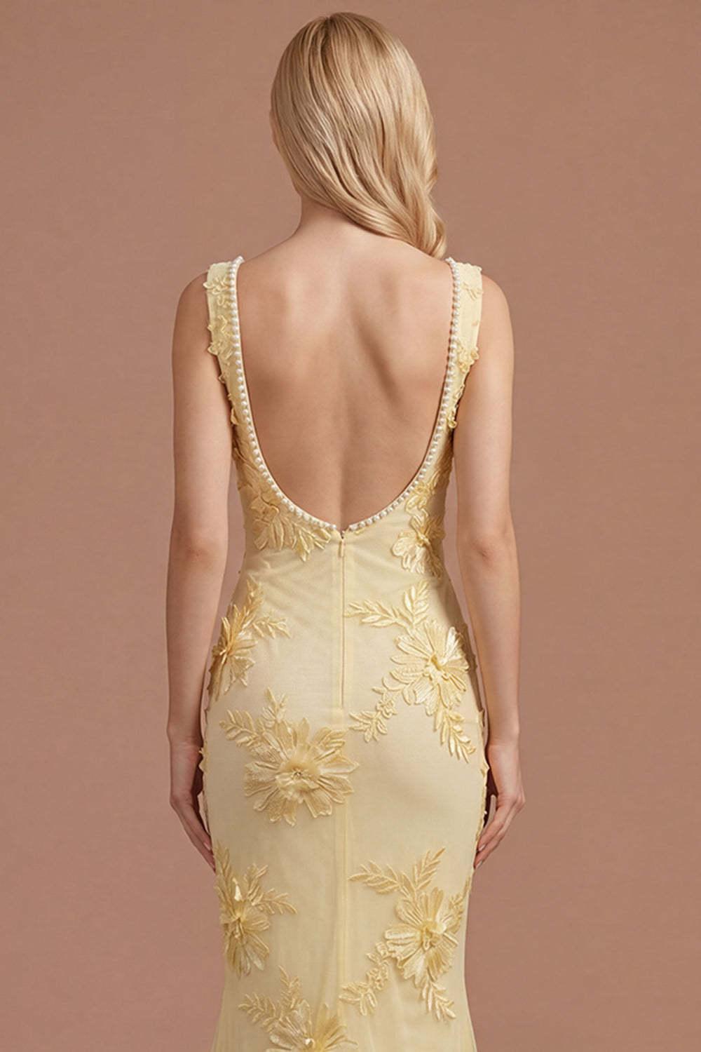 Yellow Beaded Floral Mermaid Appliqued Long Prom Dress