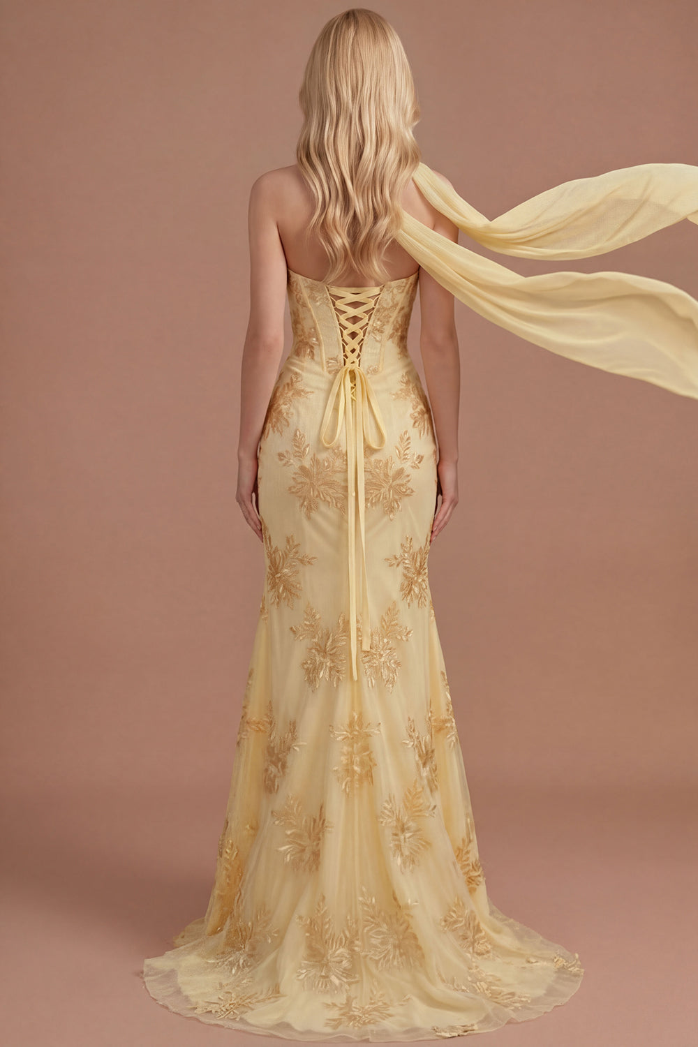 Yellow Floral Embroidered Mermaid Corset Long Prom Dress with Slit