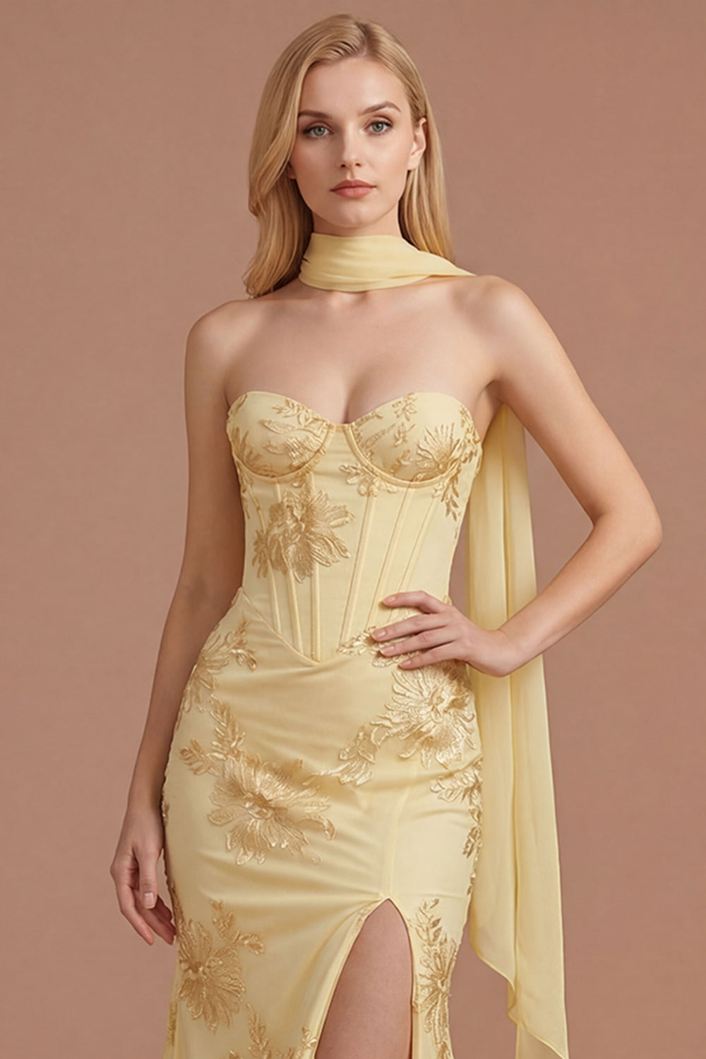 Yellow Floral Embroidered Mermaid Corset Long Prom Dress with Slit