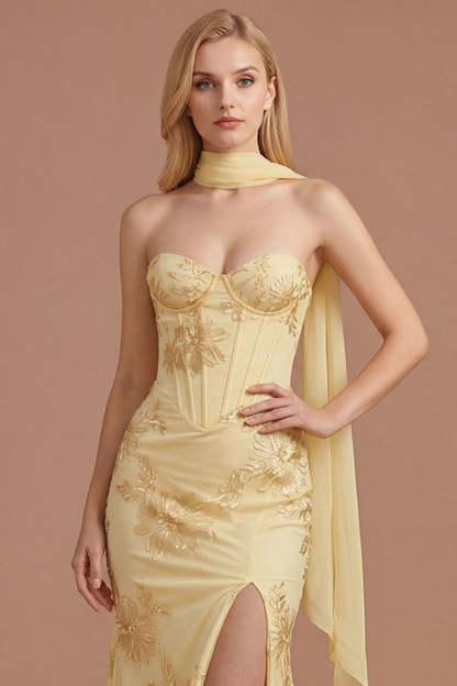 Yellow Floral Embroidered Mermaid Corset Long Prom Dress with Slit