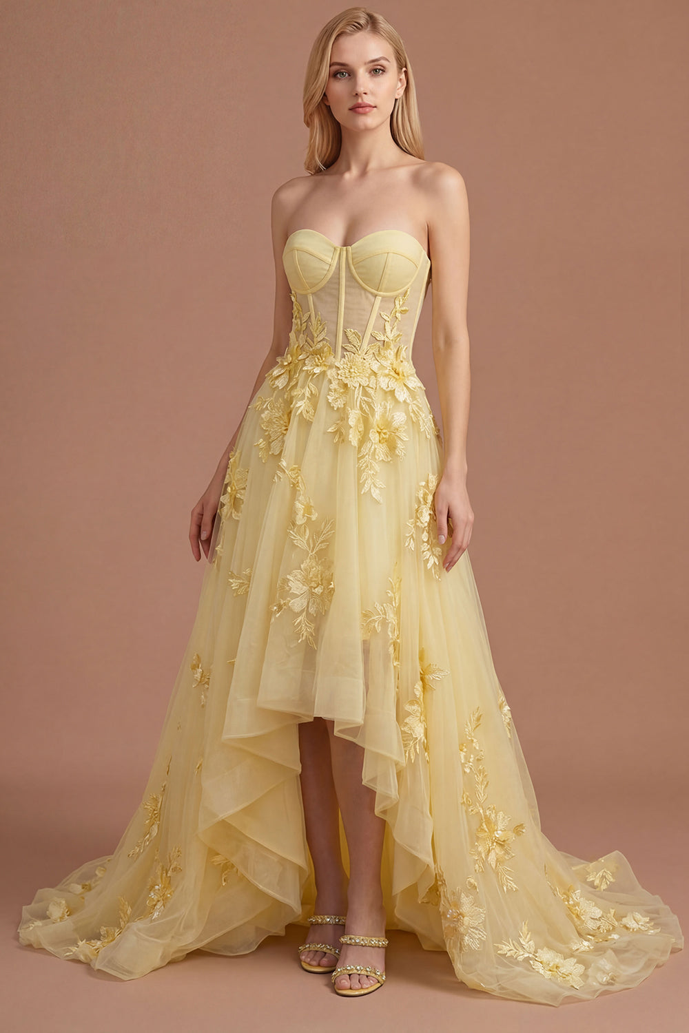 Leely Women Yellow Floral Appliqued Corset A Line High Low Prom Dress Strapless Backless Sleeveless Evening Dress