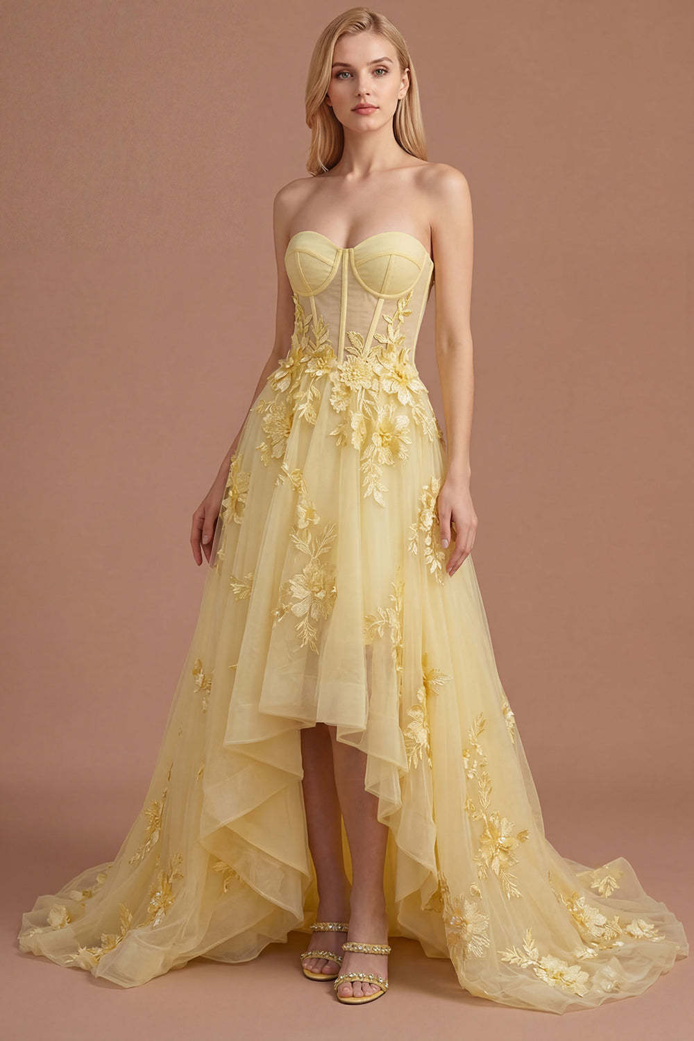 Leely Women Yellow Floral Appliqued Corset A Line High Low Prom Dress Strapless Backless Sleeveless Evening Dress