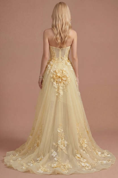 Yellow Floral Appliqued Corset A Line High Low Prom Dress
