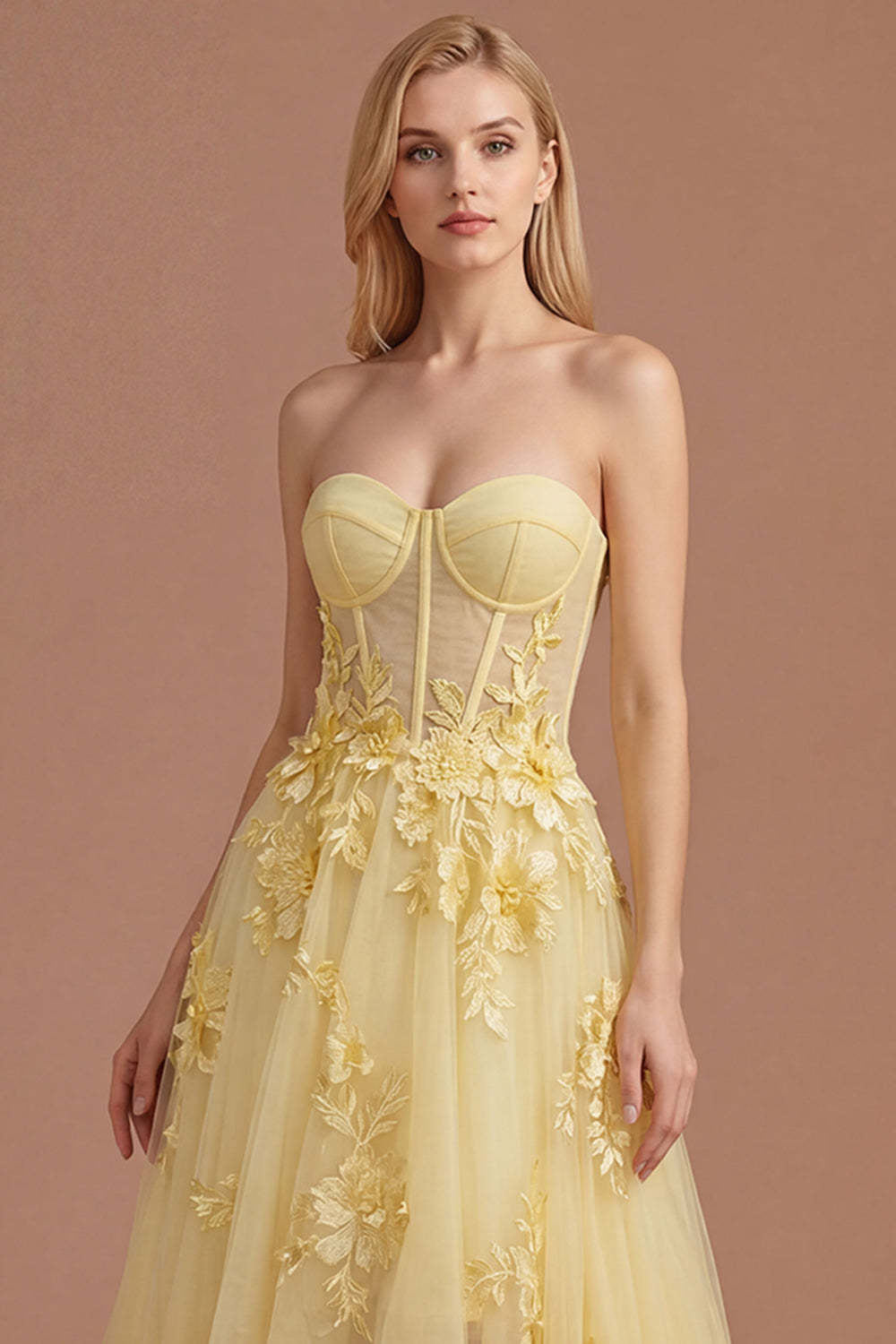 Yellow Floral Appliqued Corset A Line High Low Prom Dress