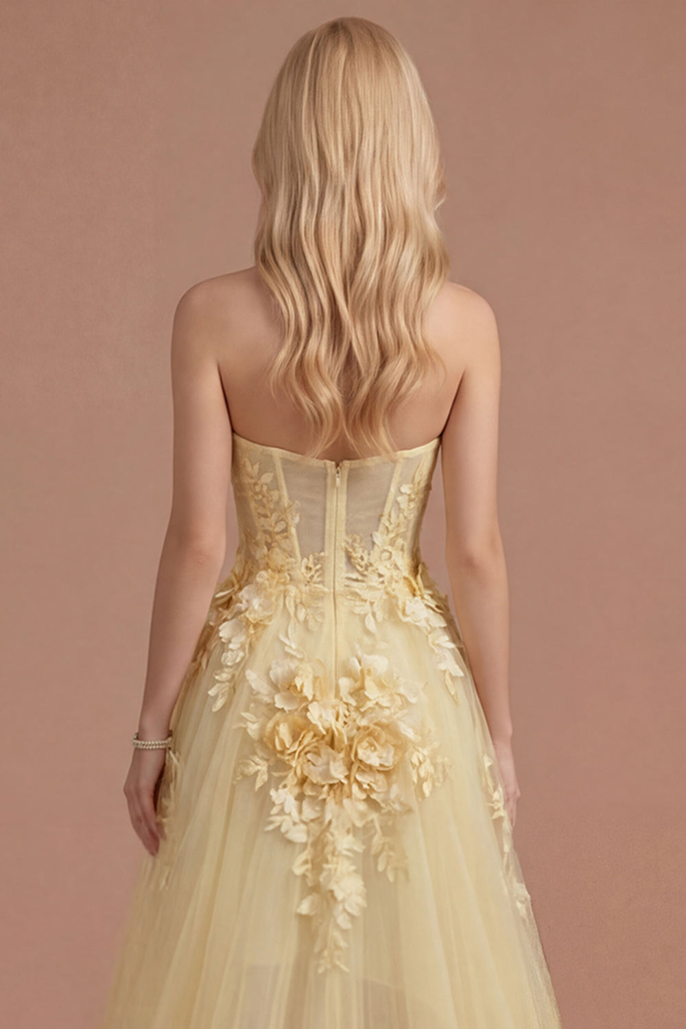 Yellow Floral Appliqued Corset A Line High Low Prom Dress