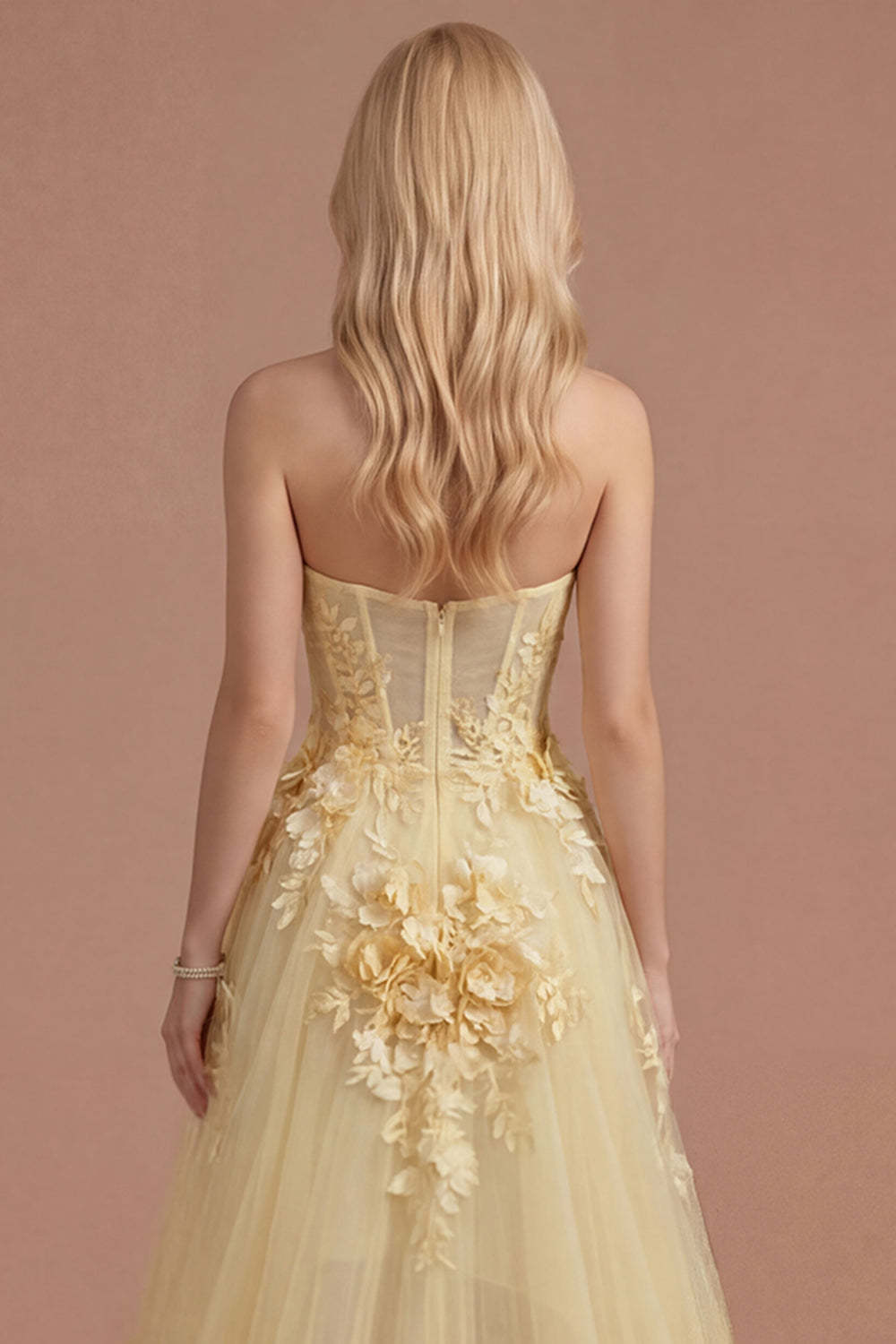 Yellow Floral Appliqued Corset A Line High Low Prom Dress