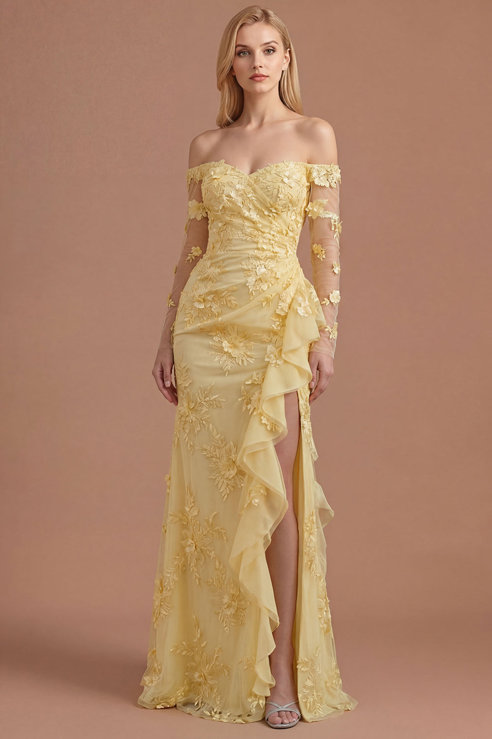 Yellow Floral Appliqued Off the Shoulder Ruffled Long Prom Dress with Slit