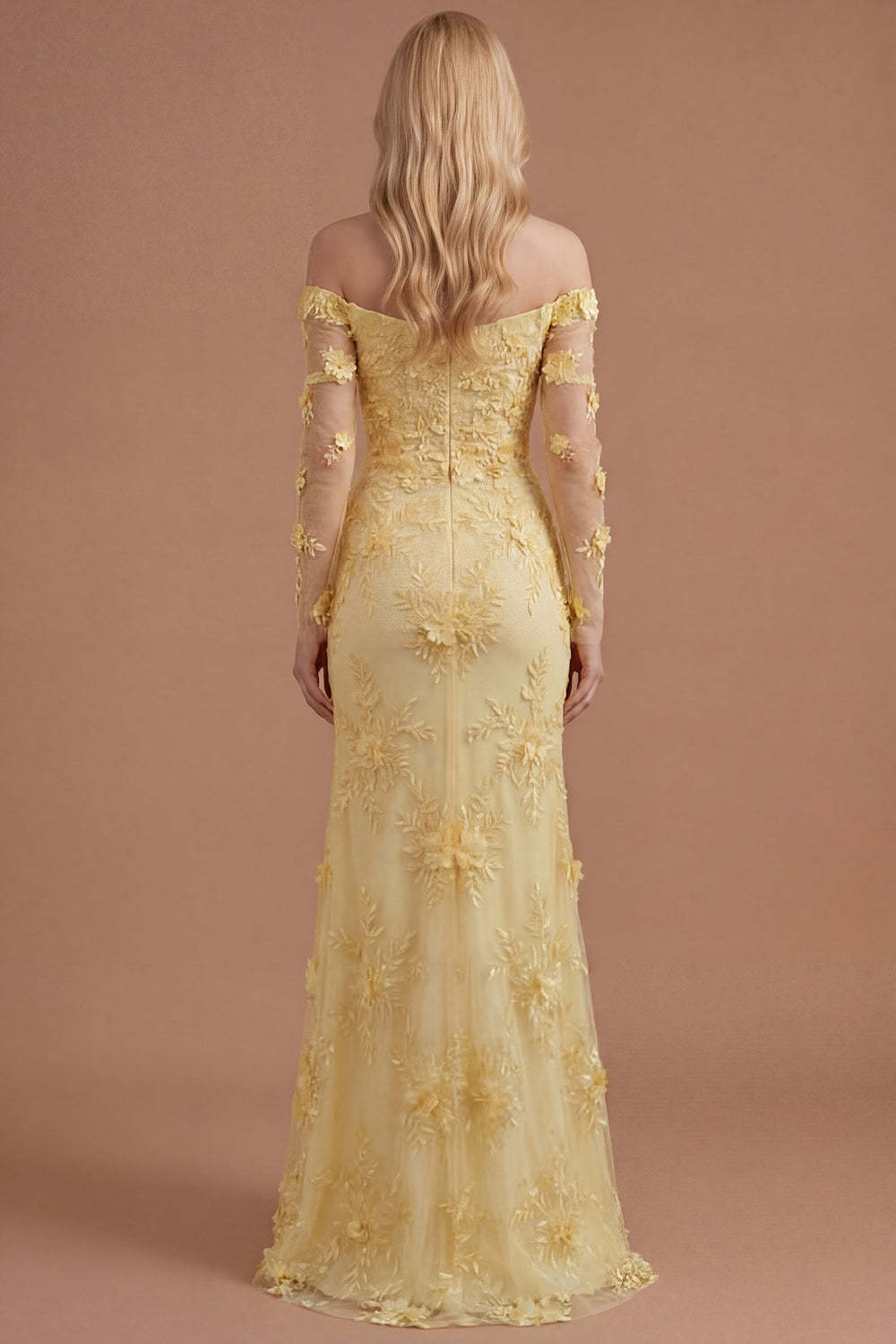 Yellow Floral Appliqued Off the Shoulder Ruffled Long Prom Dress with Slit