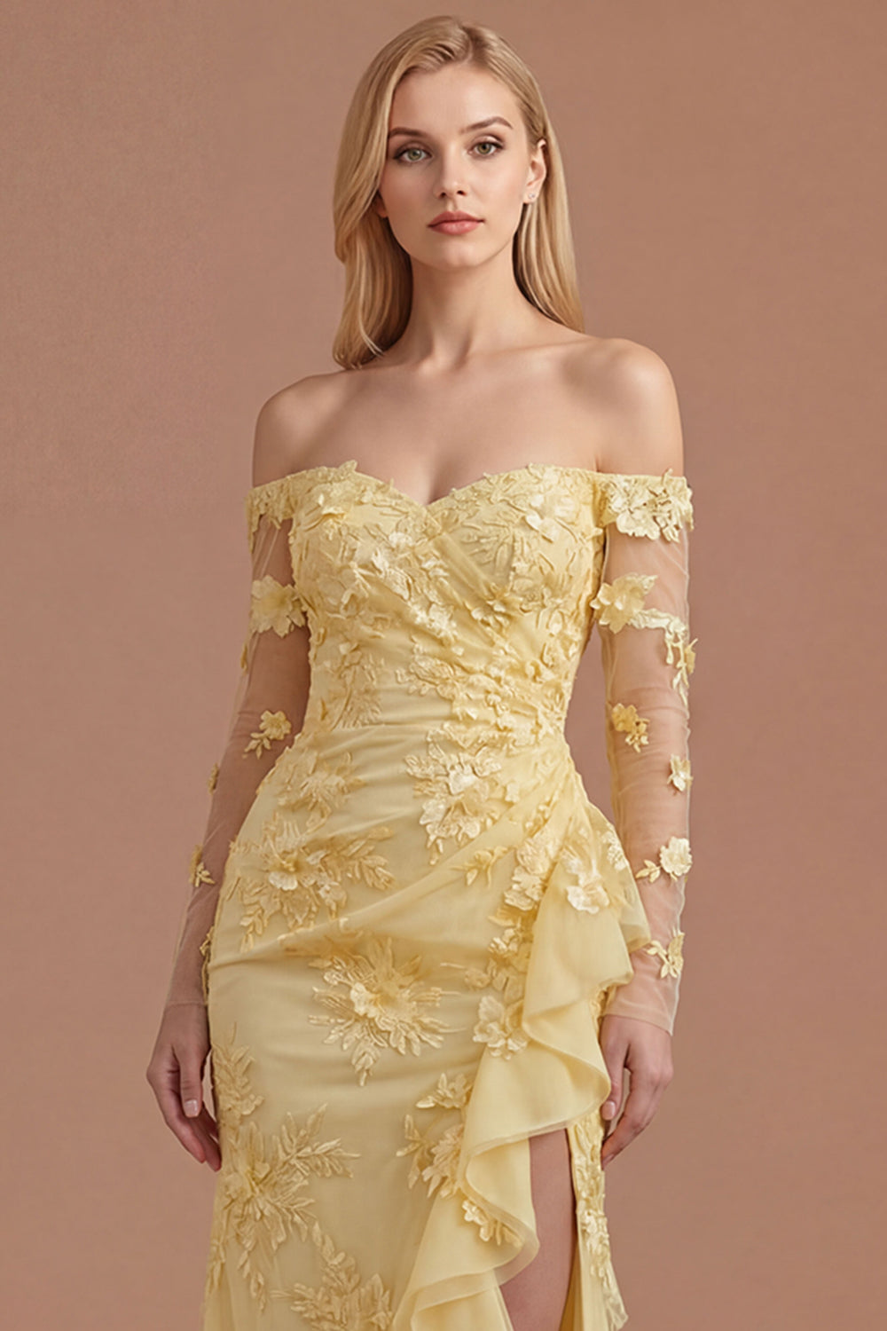Yellow Floral Appliqued Off the Shoulder Ruffled Long Prom Dress with Slit