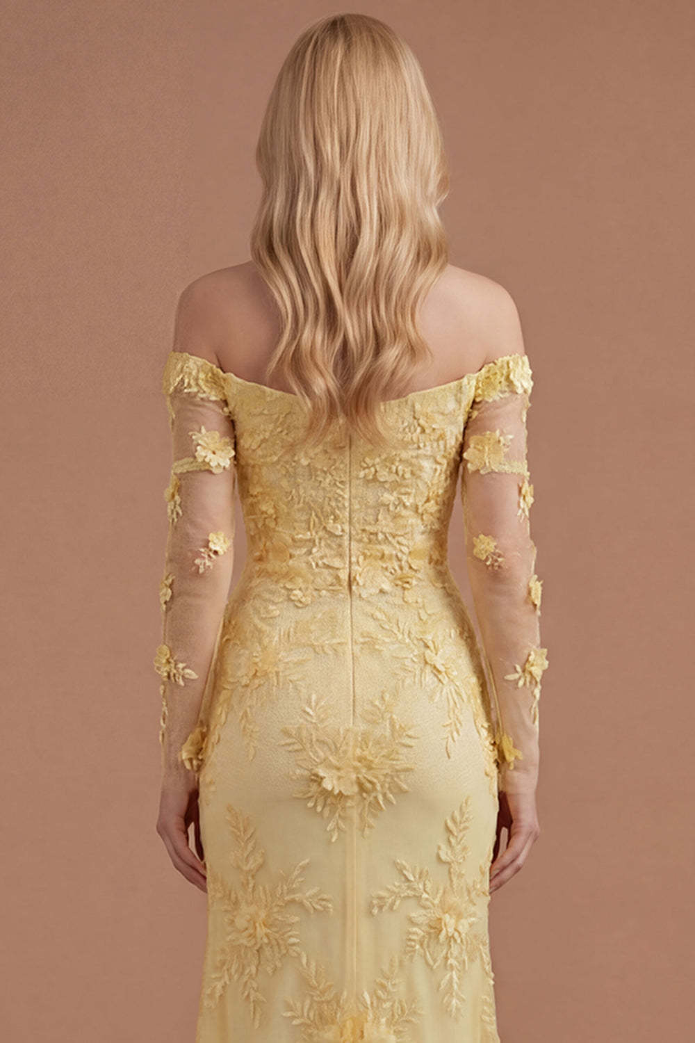 Yellow Floral Appliqued Off the Shoulder Ruffled Long Prom Dress with Slit