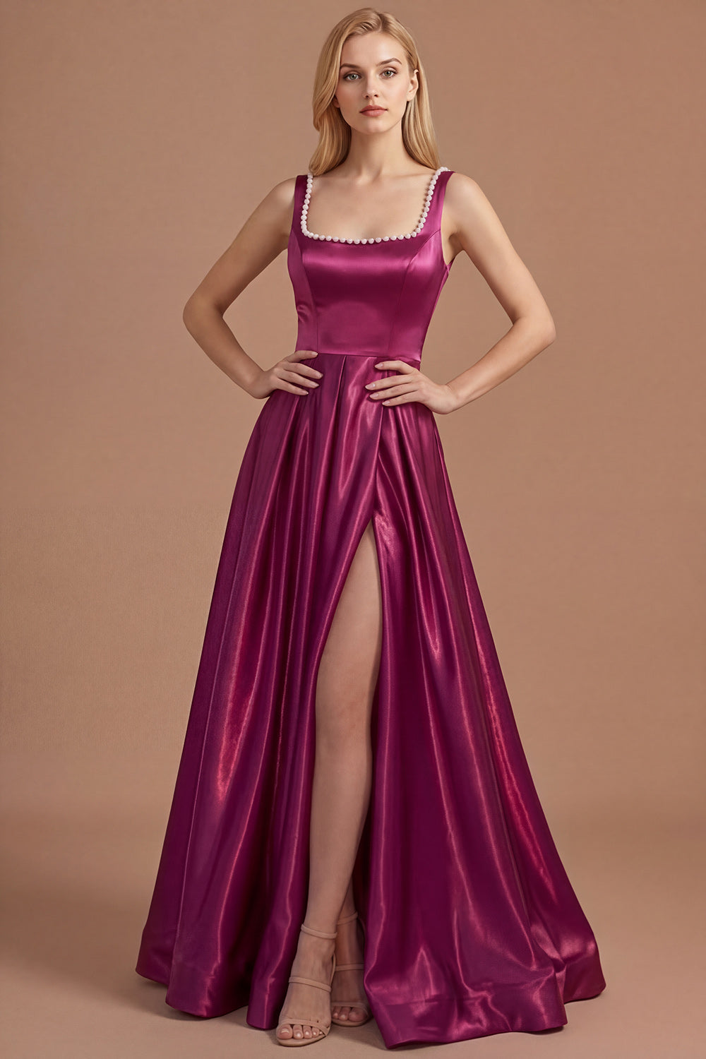 Burgundy A Line Square Neck Satin Long Prom Dress with Slit