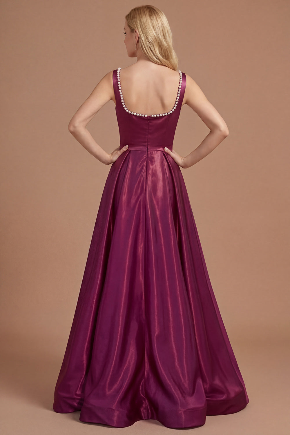 Burgundy A Line Square Neck Satin Long Prom Dress with Slit