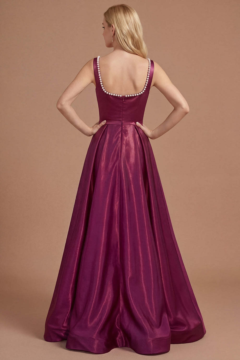 Burgundy A Line Square Neck Satin Long Prom Dress with Slit