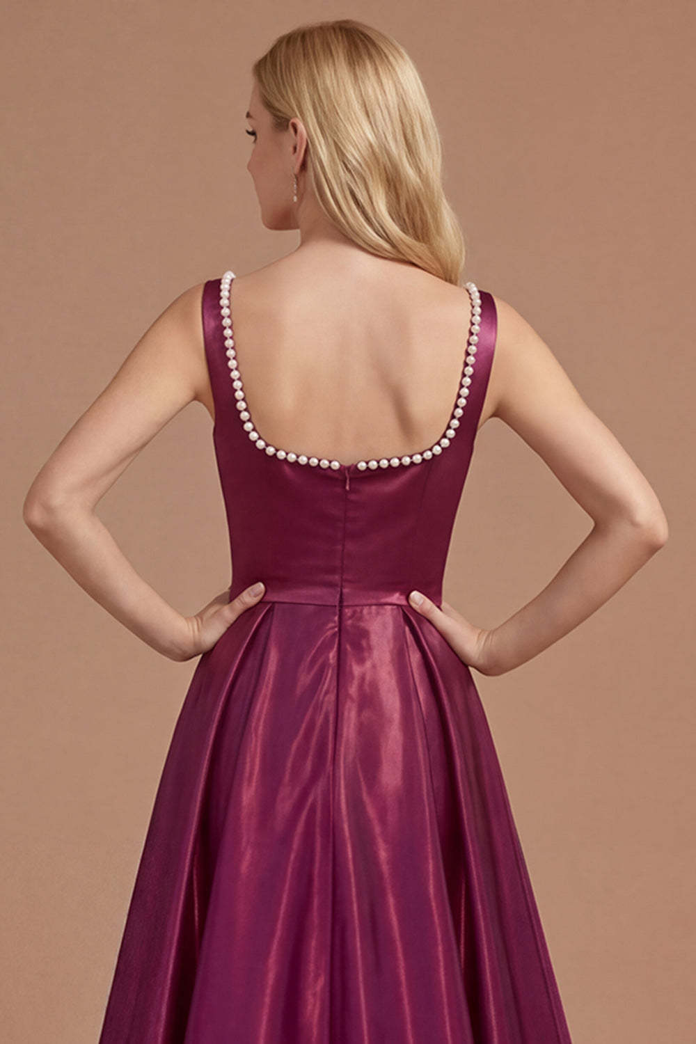 Burgundy A Line Square Neck Satin Long Prom Dress with Slit