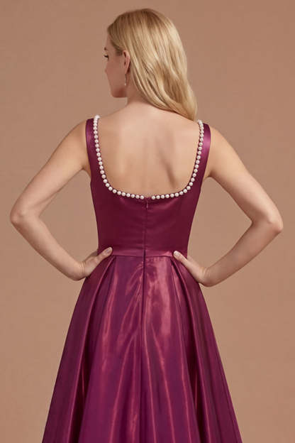 Burgundy A Line Square Neck Satin Long Prom Dress with Slit