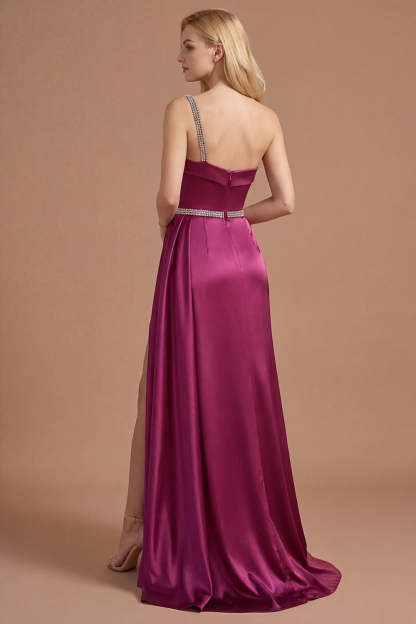 Burgundy Beaded Mermaid One Shoulder Ruched Long Prom Dress with Slit