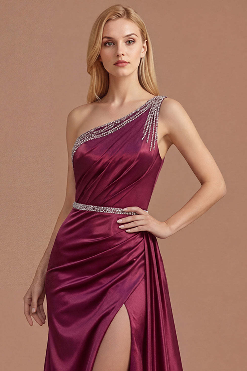 Burgundy Beaded Mermaid One Shoulder Ruched Long Prom Dress with Slit