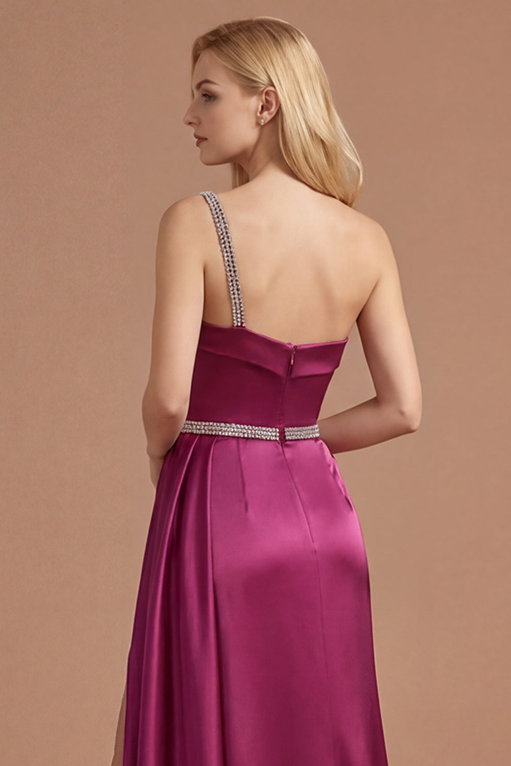 Burgundy Beaded Mermaid One Shoulder Ruched Long Prom Dress with Slit