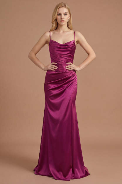 Leely Women Burgundy Spaghetti Straps Mermaid Ruched Long Prom Dress Backless Sleeveless Wedding Guest Dress