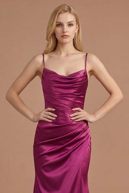 Burgundy Spaghetti Straps Mermaid Ruched Long Prom Dress