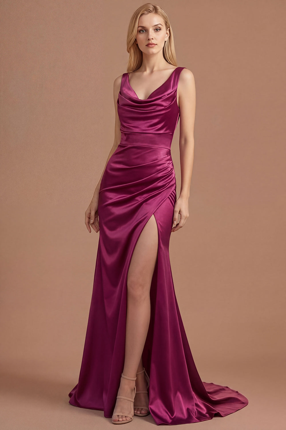 Leely Women Burgundy Mermaid Cowl Neck Long Prom Dress with Slit Ruched Backless Sleeveless Wedding Guest Dress