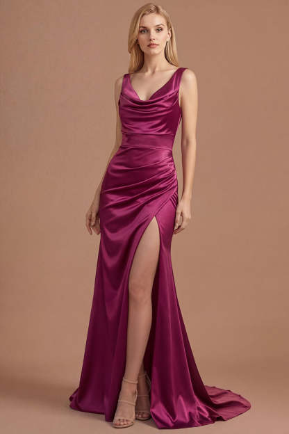 Leely Women Burgundy Mermaid Cowl Neck Long Prom Dress with Slit Ruched Backless Sleeveless Wedding Guest Dress
