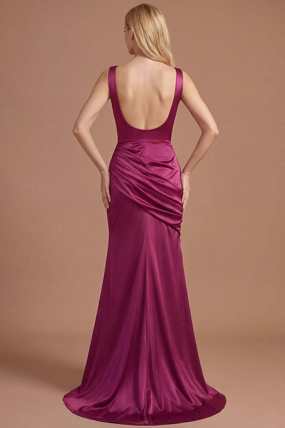 Burgundy Mermaid Ruched Cowl Neck Long Prom Dress with Slit