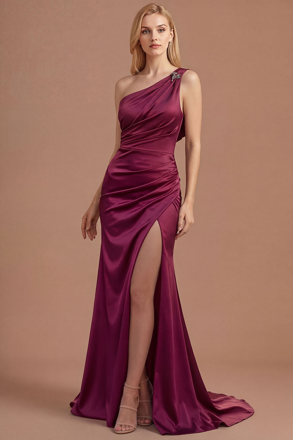 Mermaid Burgundy One Shoulder Ruched Long Prom Dress with Slit