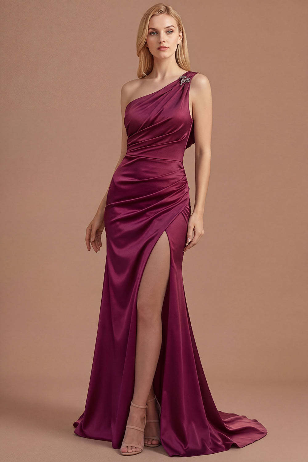 Leely Women Mermaid Burgundy One Shoulder Long Prom Dress with Slit Ruched Backless Sleeveless Wedding Guest Dress