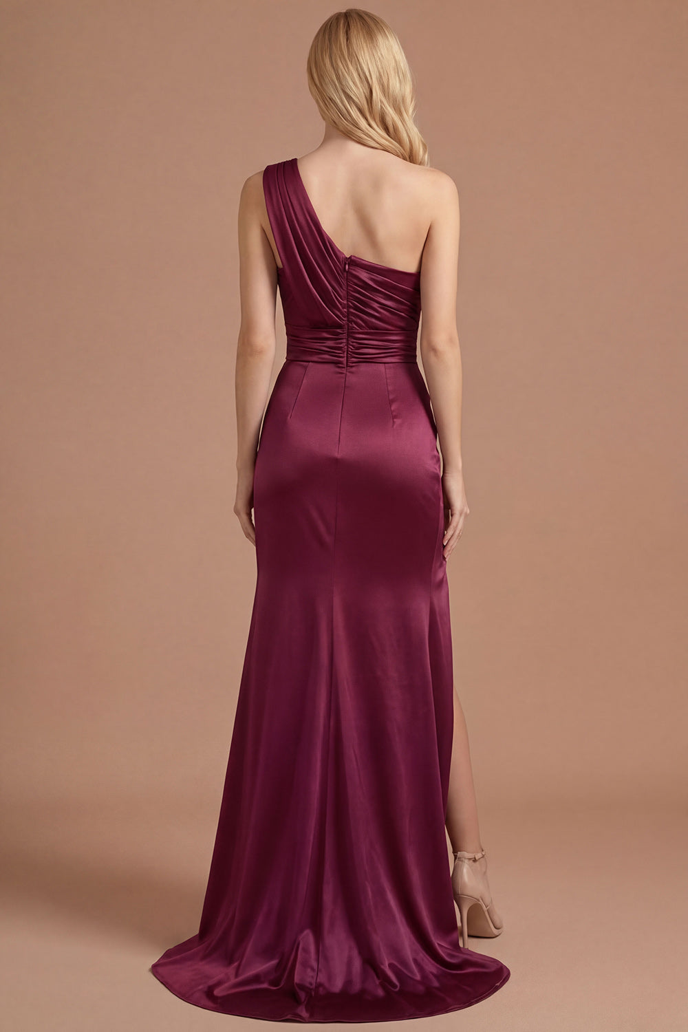 Mermaid Burgundy One Shoulder Ruched Long Prom Dress with Slit