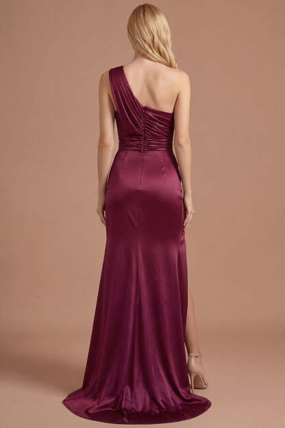 Mermaid Burgundy One Shoulder Ruched Long Prom Dress with Slit