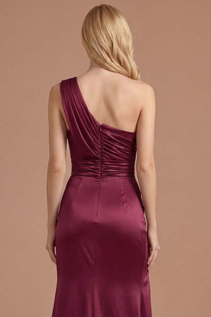 Mermaid Burgundy One Shoulder Ruched Long Prom Dress with Slit