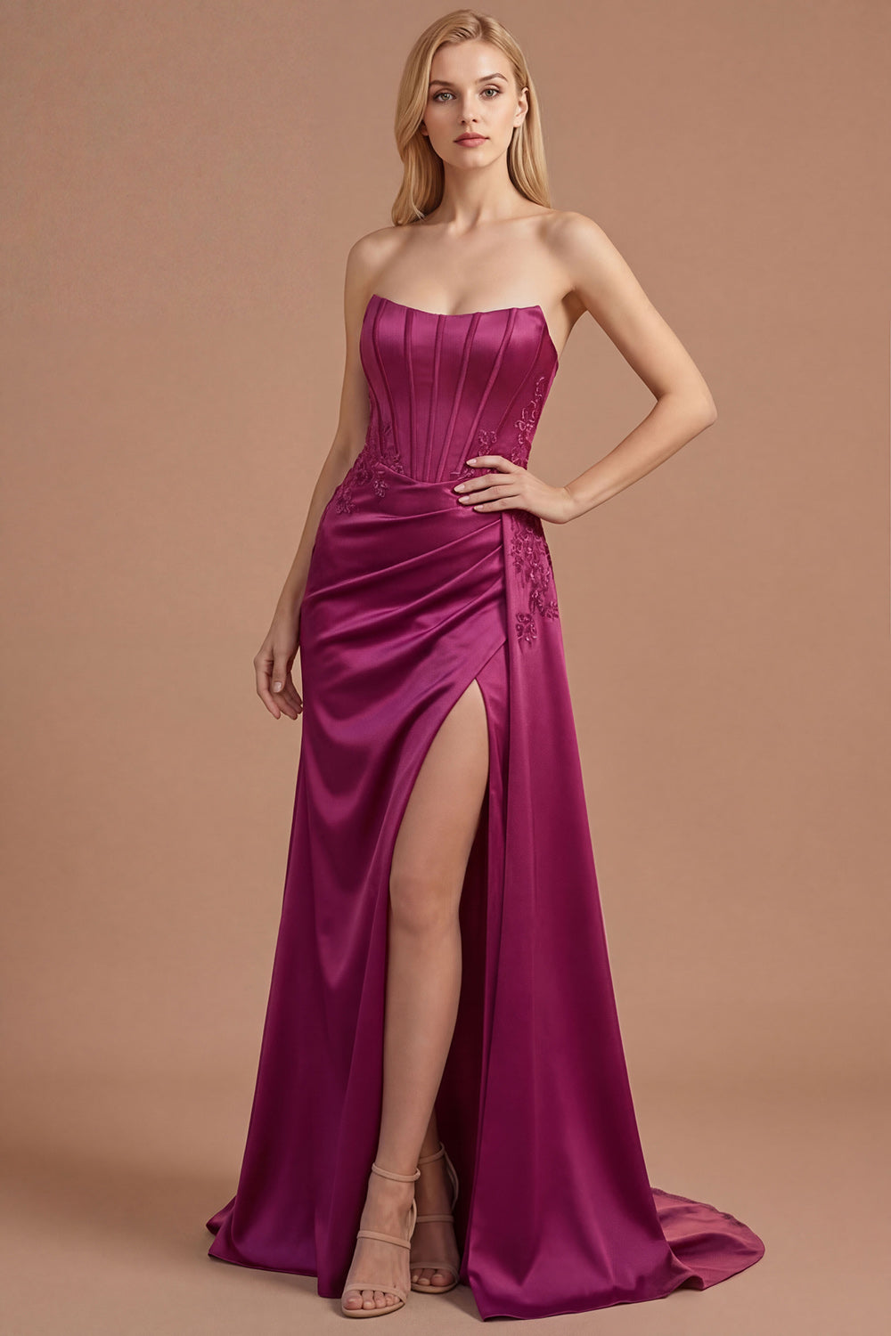 Burgundy Floral Corset Mermaid Strapless Long Prom Dress with Slit