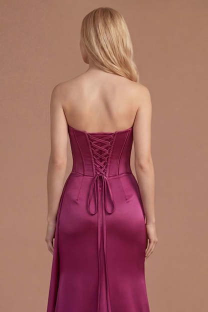 Burgundy Floral Corset Mermaid Strapless Long Prom Dress with Slit