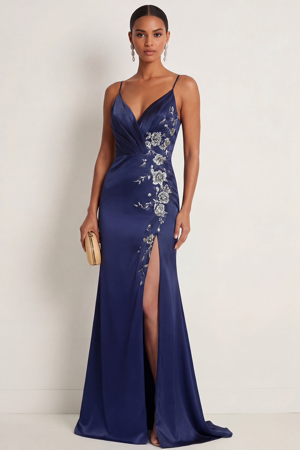 Navy Mermaid Floral Satin Spaghetti Straps Appliqued Maxi Formal Dress with Slit