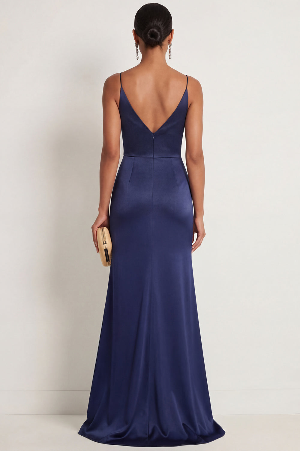 Navy Mermaid Floral Satin Spaghetti Straps Appliqued Maxi Formal Dress with Slit