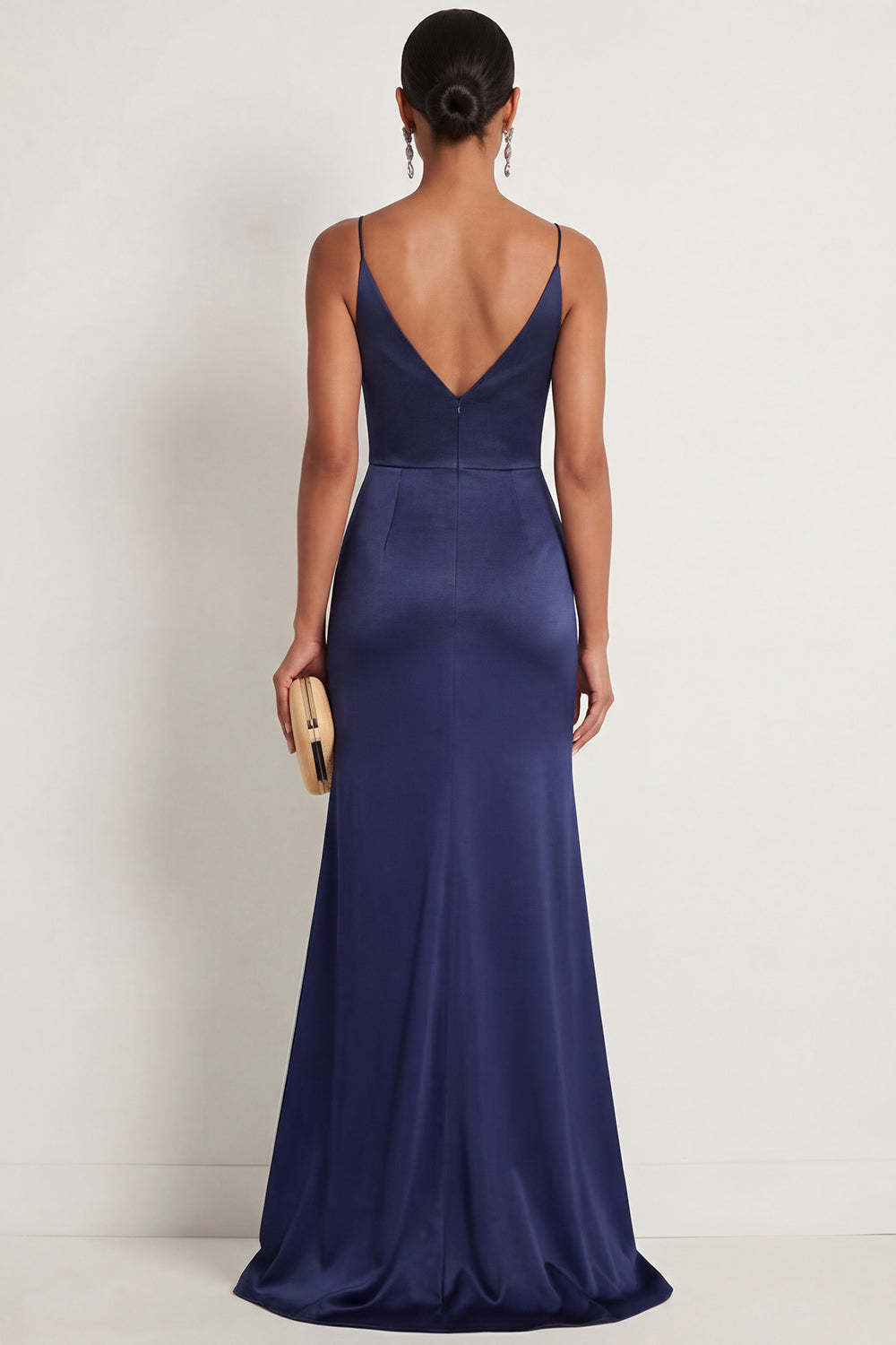 Navy Mermaid Floral Satin Spaghetti Straps Appliqued Maxi Formal Dress with Slit