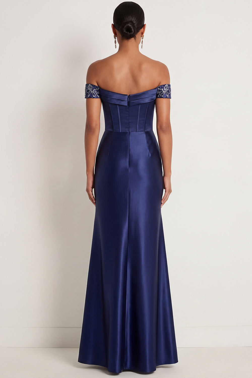 Navy Mermaid Floral Satin Sparkly Beaded Maxi Formal Dress with Slit