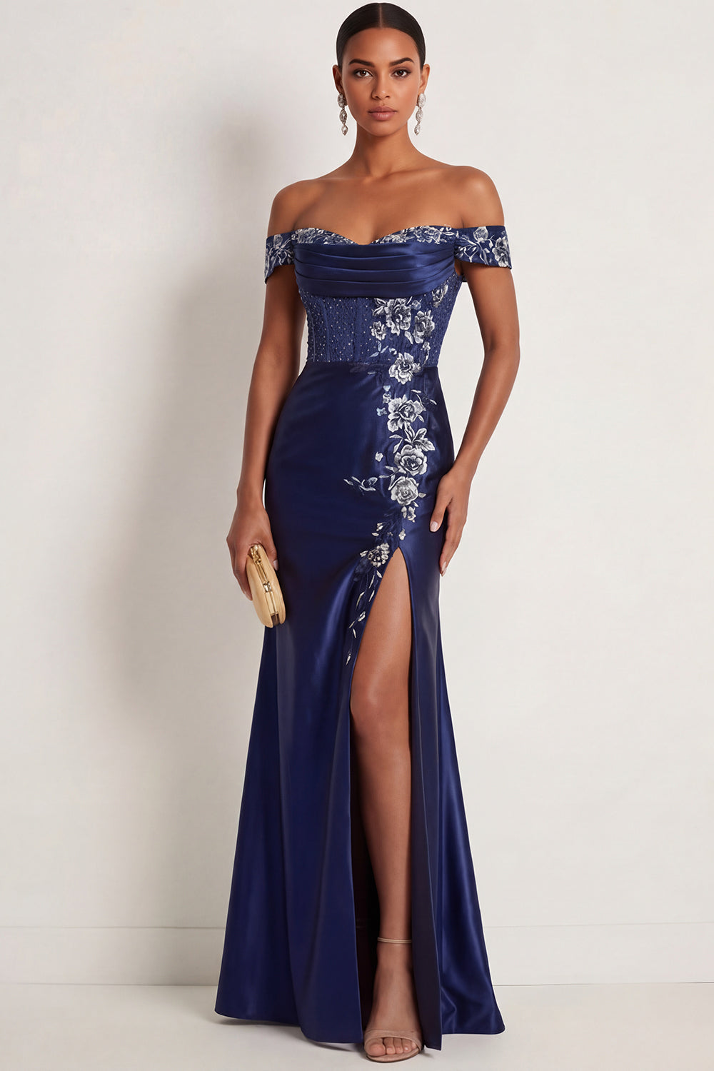 Navy Mermaid Floral Satin Sparkly Beaded Maxi Formal Dress with Slit